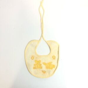 vintage 70s baby bib yellow carters cotton tie bear and rabbit as is light stain